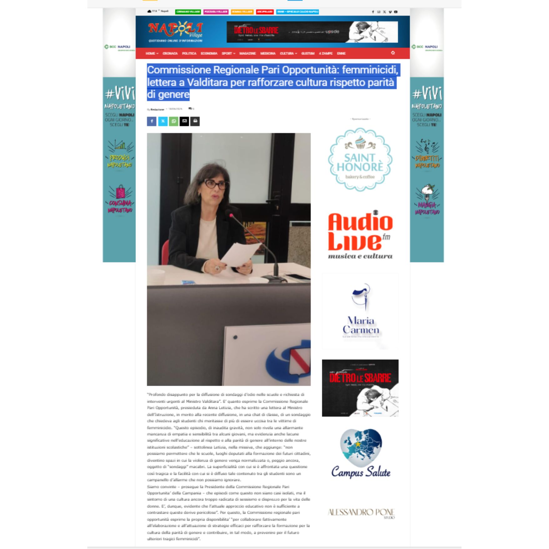 napolivillage - Commissione Regionale Pari Opportunità: femminicidi, lettera a Valditara per rafforzare cultura rispetto parità di genere