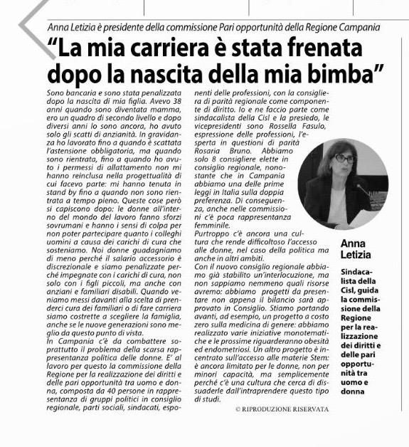 Cronache di Napoli intervista Anna Letizia, presidente della Commissione Pari opportunità della Regione Campania