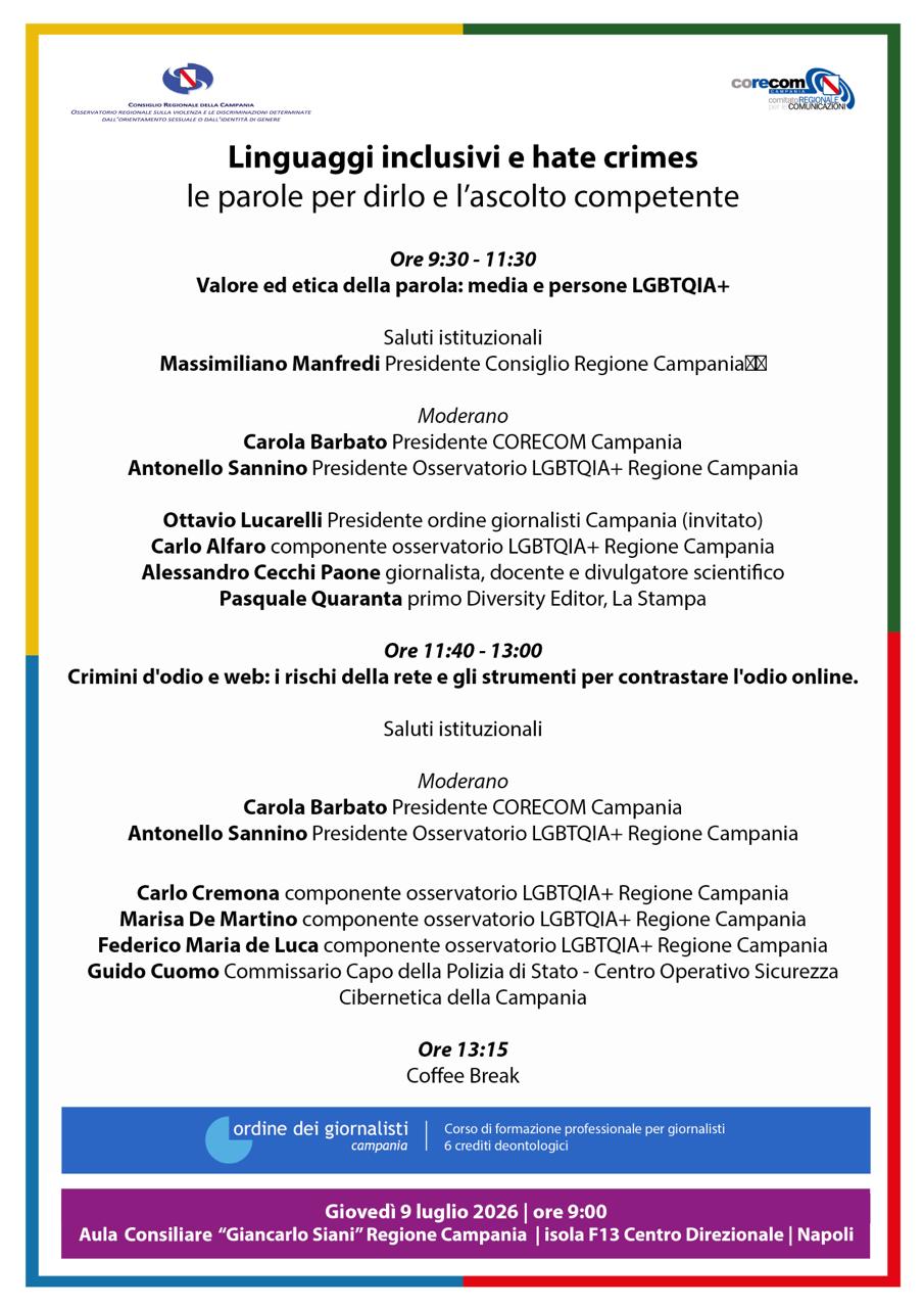 Diritti LGBTQIA+ e crimini d'odio in rete: il 9 luglio un confronto in Regione Campania su etica della parola e contrasto all'odio online